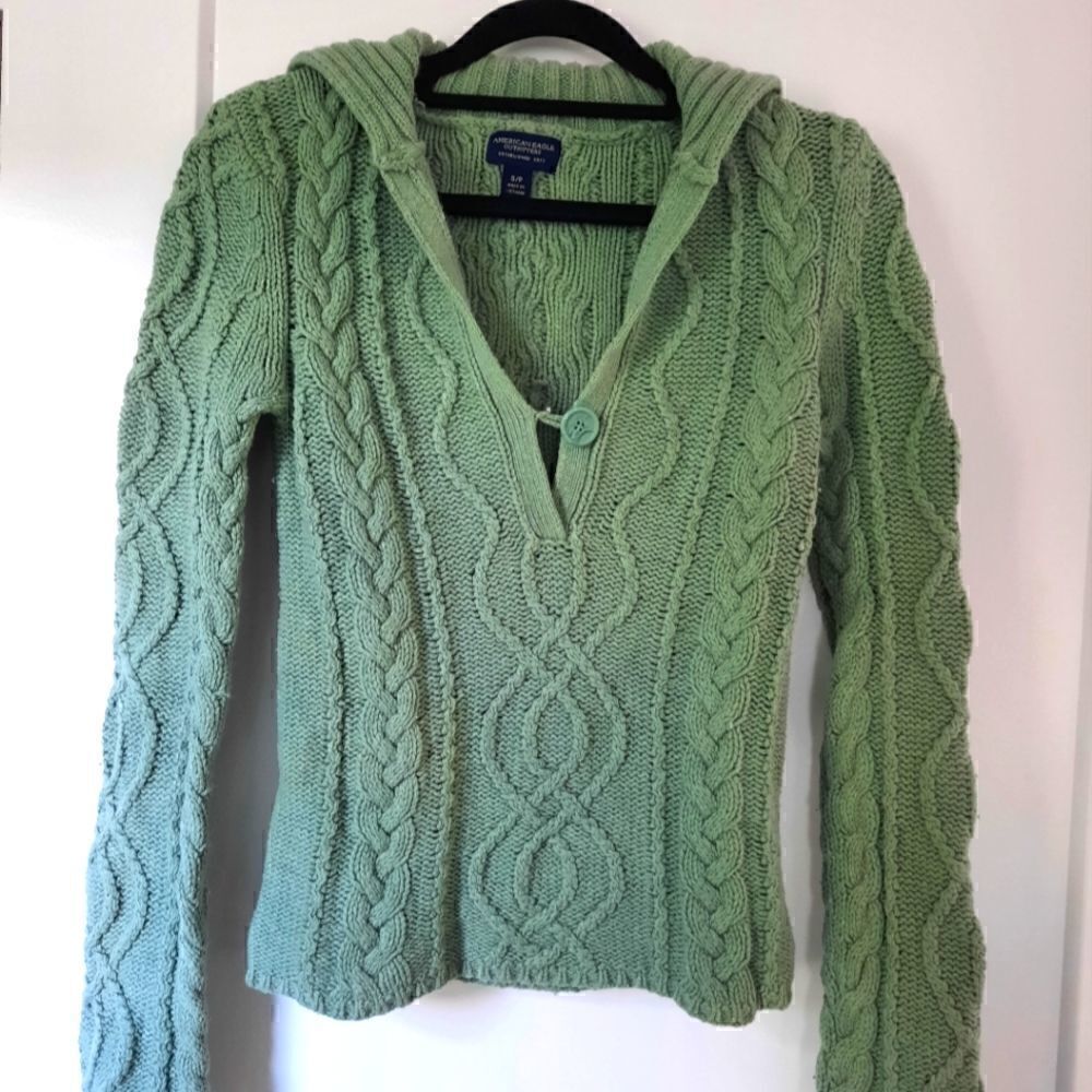 American Eagle Vintage Cable Knit Sweater Cotton and Angora Green